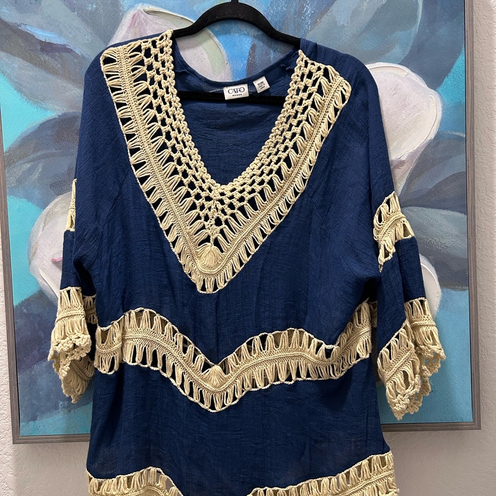 Cato Navy and Cream Crochet Trim Top
